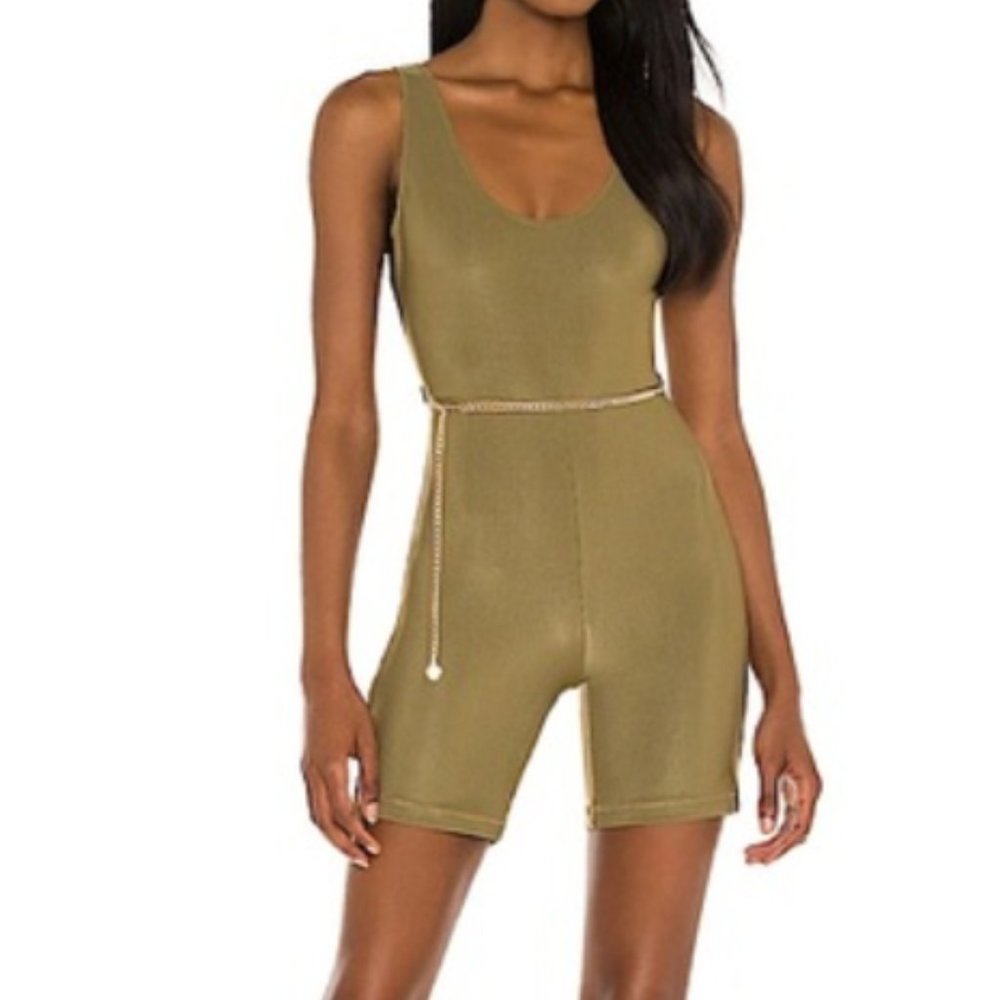We Wore What Women's Olive Ribbed Romper, Gold Tone Chain Belt, Size M